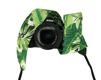 Tropical Leaves Camera Strap / DSLR Camera Strap for Nikon, Canon, Sony and more / Green and White Plant Fabric Camera Strap