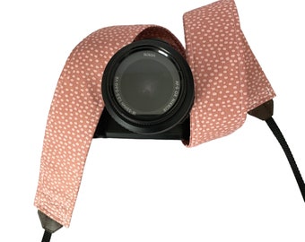 Coral Blush Polka Dot Camera Strap / DSLR Camera Strap for Nikon, Canon, Sony and more / Fabric Camera Strap
