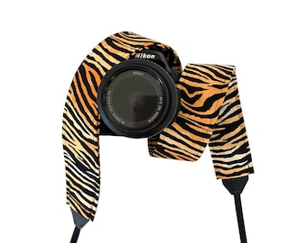 Black, Tan, and Orange Tiger Stripe Camera Strap / DSLR Camera Strap for Nikon, Canon, Sony and more / Fabric Camera Strap