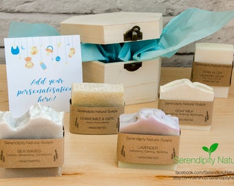 Ensemble nouveau-né BABY BOY personnalisé, coffret cadeau, savons naturels, soins de la peau, peaux sensibles, produits de bain, coffret en bois