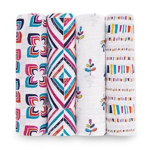 May include: Set of four white muslin swaddle blankets with colorful geometric patterns. The patterns include a flower design, a diamond pattern, a leaf design, and a striped pattern.