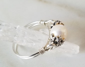 Perlenring, weiße Süßwasserperle, Sterling Silber Band,