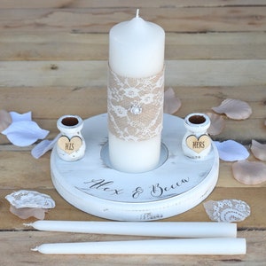 Rustic Wedding Candles Rustic Unity Candle Set Wedding Unity Candle Wedding Unity ideas Wedding Candles with Burlap and Lace image 1