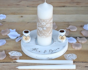 Rustic Wedding Candles - Rustic Unity Candle Set - Wedding Unity Candle - Wedding Unity ideas - Wedding Candles with Burlap and Lace