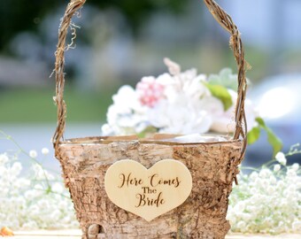 Here Comes the Bride Birch Flower Girl Basket - Birch Basket with Twig Handle - Twig Handle Flower Girl Basket - Wedding Twig Basket