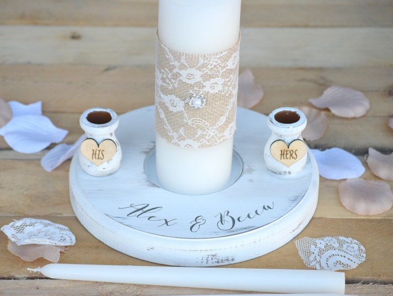 Rustic Wedding Candles Rustic Unity Candle Set Wedding Unity Candle Wedding Unity ideas Wedding Candles with Burlap and Lace image 3