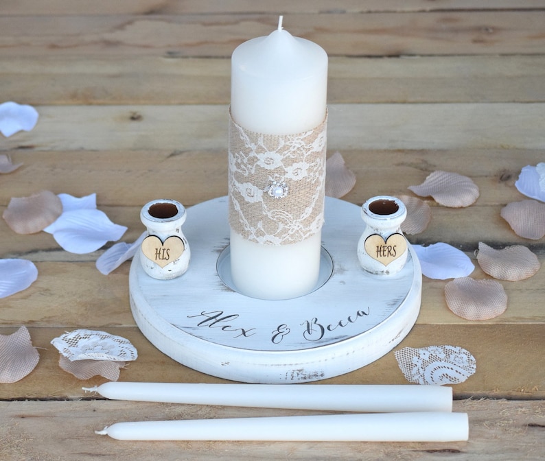 Rustic Wedding Candles Rustic Unity Candle Set Wedding Unity Candle Wedding Unity ideas Wedding Candles with Burlap and Lace image 1