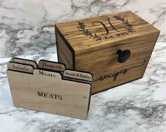 Recipe Box With Wooden Divider Option - Personalized Wood Recipe Box Engraved Recipe Box Wedding Shower Decor Mothers Day Gift - Cookbook