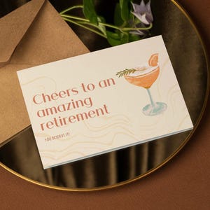 Tarjeta de jubilación para mujer, descarga digital – Tarjeta de cóctel en la playa – ¡Salud por una jubilación increíble! – Tarjeta imprimible con buen ambiente de brunch para ella, 7x5