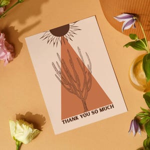 de remerciements sur le thème du désert | Soleil de cactus rétro imprimable avec des tons terre bohème du désert | Téléchargement numérique 5 x 7 pour les petites entreprises ou les particuliers
