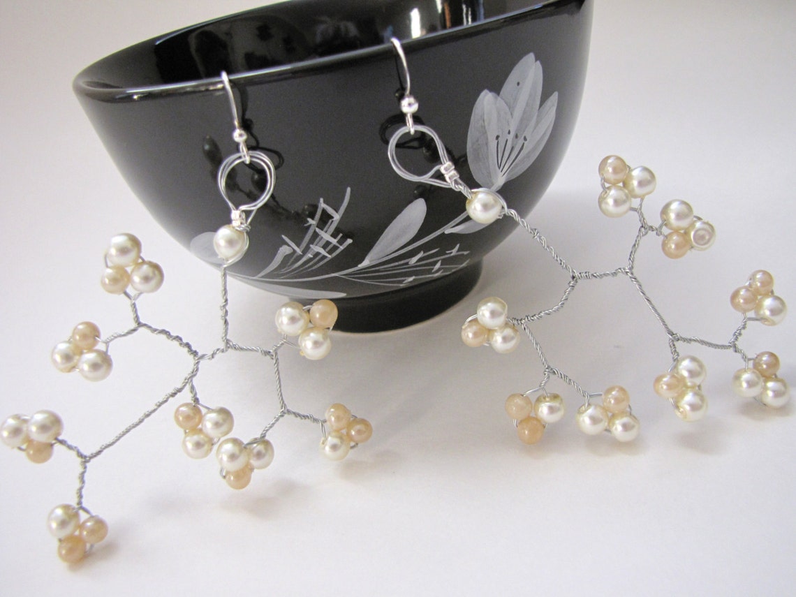 Ivory and Champagne glass pearl wire wrapped wedding earrings Etsy