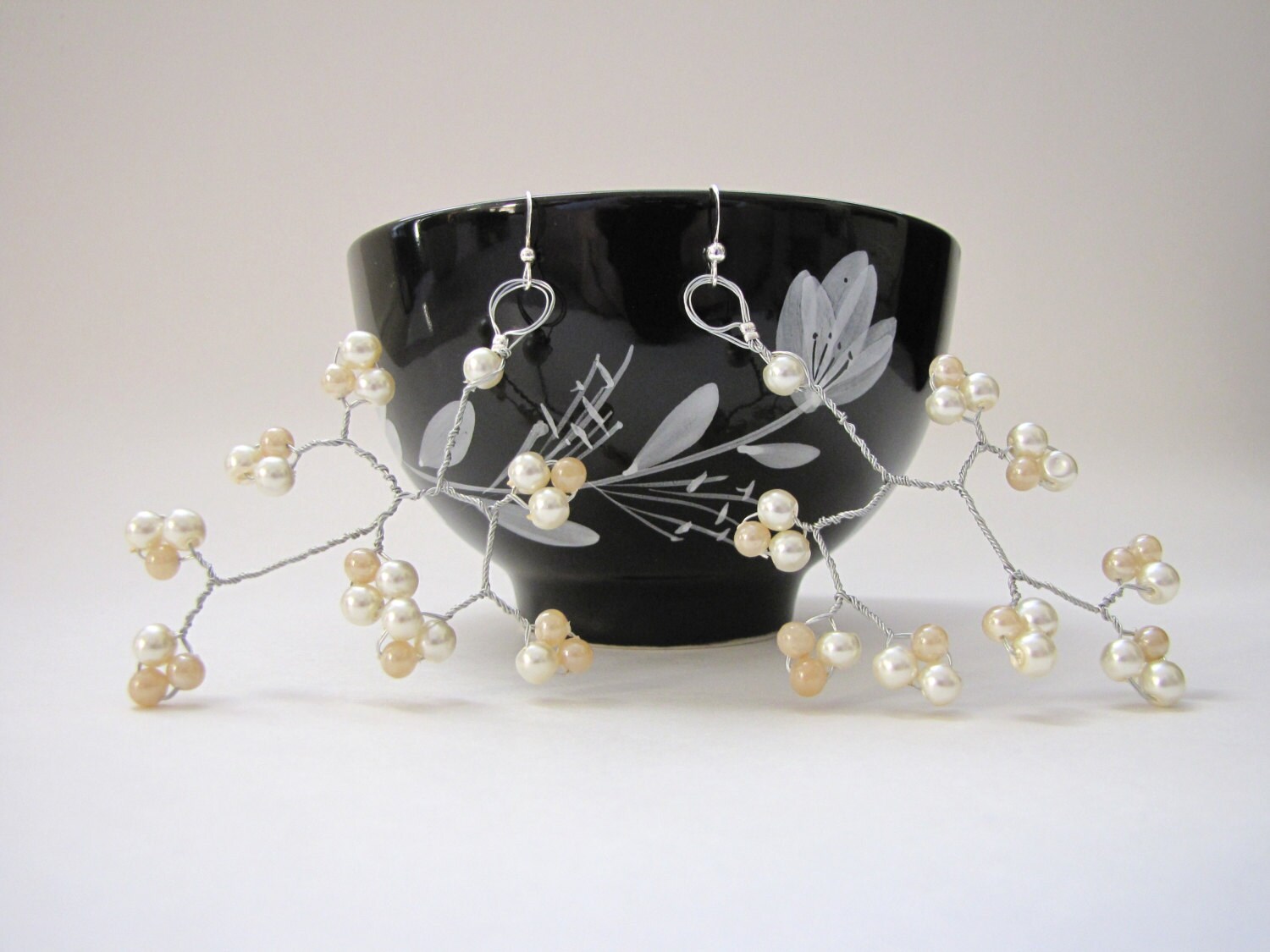 Ivory and Champagne glass pearl wire wrapped wedding earrings Etsy