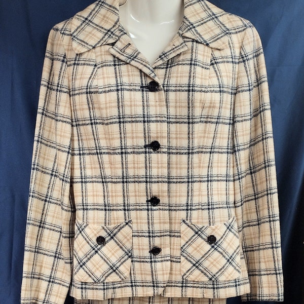 Women's Pendleton Wool Suit 10, Ivory, Beige, Blue Plaid Tartan, 2 Piece Skirt Suit, ideal for Spring and Summer, Excellent Condition, Vtg.