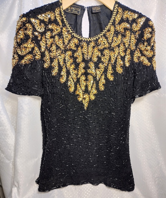 Women's Silk Blouse Dressy Small, Black and Gold B