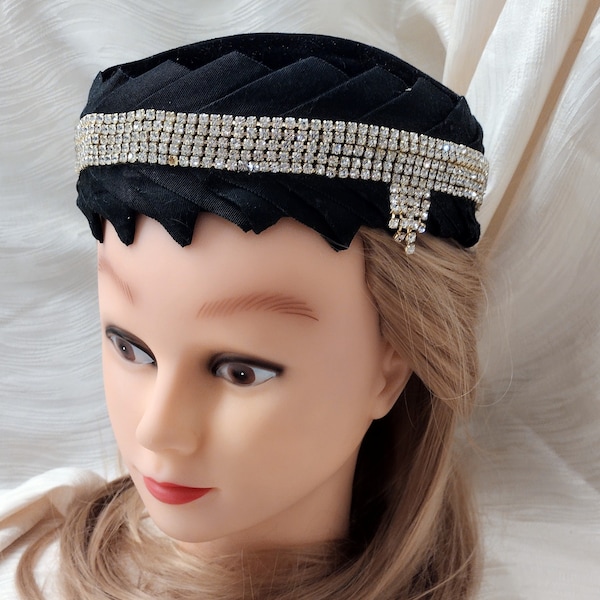 Women's Black Velvet Dressy Hat with Rhinestones, Cloche, Pill Box, Halo. A One of a Kind Custom designed Hat by The Peach of Las Vegas.