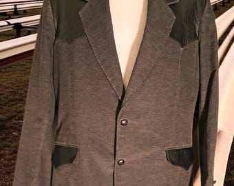 Men's Pioneer Wear Western Sport Jacket Gray Corduroy, Black Leather Yoke and pocket flaps. 48R