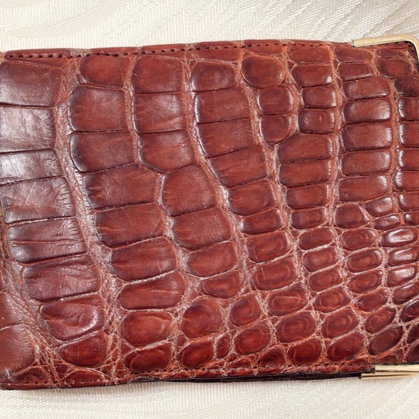 Alligator Wallet with 14K Gold Corner Guards, Brown, Bifold, Excellent Vintage Condition, Authentic Alligator Leather,