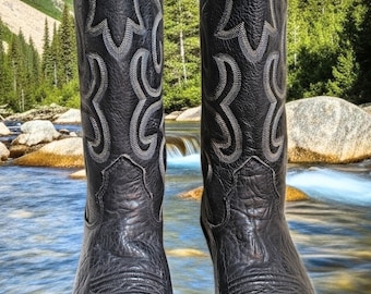 Herren Nocona Black Bull Hide Leder Cowboystiefel, Schwarz 8.5D, Sehr leichte Abnutzung Ausgezeichneter Vintage Zustand