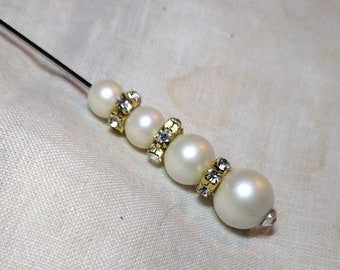 New Designer Hatpin 7" Long, " "Pearls Galore" Handmade by "The Peach" of Las Vegas, Pearl Beads, Rhinestones AB, Signed 1\1, Collect it!