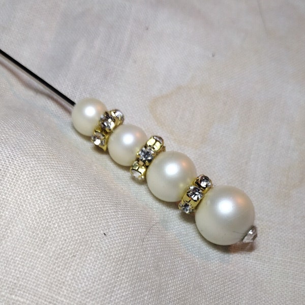 New Designer Hatpin 7" Long, " "Pearls Galore" Handmade by "The Peach" of Las Vegas, Pearl Beads, Rhinestones AB, Signed 1\1, Collect it!