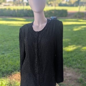 Women&#39;s Beaded Jacket Black Silk, Large, Laurence Kazar New York, Excellent Vintage Condition, Handcrafted