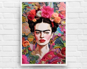 Frida Kahlo | inspirational Women Art Print floral | Detailed Embroidered Illustration | Feminist Art Gift