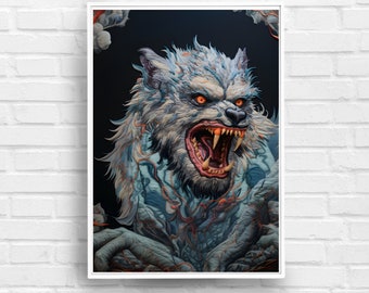 Wolf Man Horror Monster Print | Art Print Gothic Dark Horror | Detailed Embroidered Illustration | Horror Lovers Gift | Werewolf Art Print