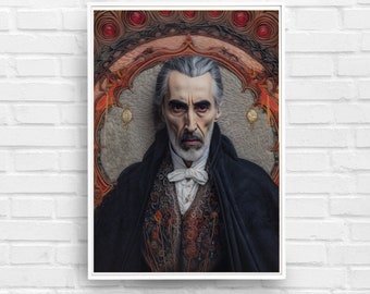 Count Dracula Christopher Lee Vampire | Art Print Gothic Dark Horror | Detailed Embroidered Illustration | Horror Loves Gift