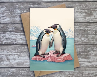 Penguin Pun Valentines Card  | Flippin Love You whimsical Illustrated Penguin Card | Art Card | A6 or A5 Size Engagement | Lovers Gift