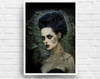 Bride of Frankenstein Horror Monster | Art Print Gothic Dark Horror | Detailed Embroidered Illustration | Horror Lovers Gift