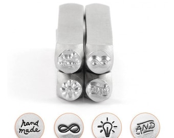 Symbols Metal Design Stamp Set 4pcs - 6mm | ImpressArt Metal Stamps | Design Stamp Set Symbols  | hand made Infinity And light bulb stamp