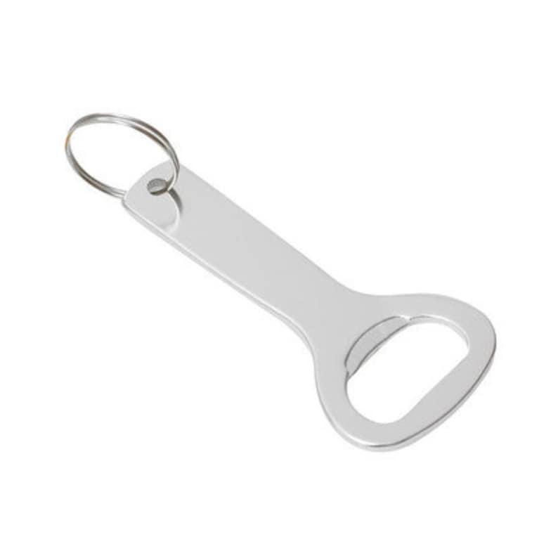 May include: Silver bottle opener with a key ring attached. The opener has a smooth, rounded design.