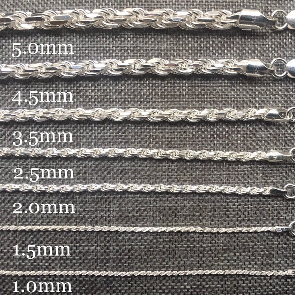 925 Sterling Silver Rope Chain Necklace, 1mm 1.5mm 2mm 2.5mm 3.5mm 4.5mm 5mm, 14-36 inch, Diamond Cut, Unisex, Women Chain, Men Chain