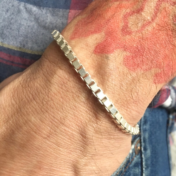 Sterling Box Chain Bracelet, 4mm, 4.5mm, 7-8.5 inch, Silver Chain Bracelet, Square Box Chain, Bracelet Men, Bracelet Women, Unisex Gift