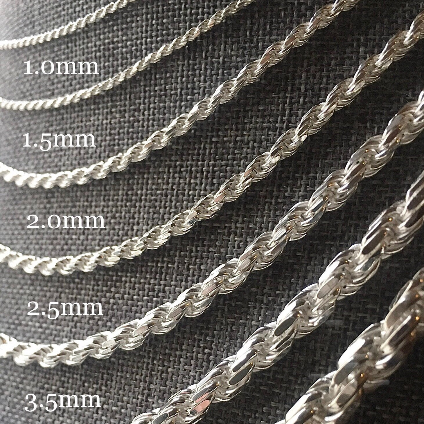 Silver Rope Chain, 14-36 Inch, 1mm 2mm 3mm 4mm 5mm, 925 Silver, Diamond ...