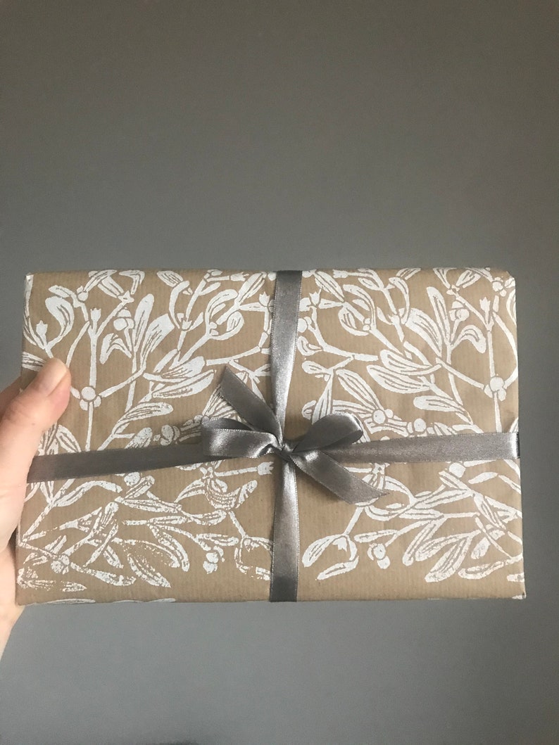 Gift wrapping paper linoblock printed hand printed paper Mistletoe