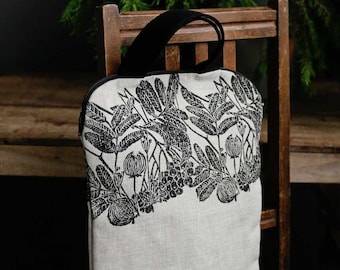 Large linen handbag, A4 handbag, linoblock printed bag, document bag