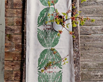 Linen table runner hand block printed original design of Willowherb floral field flowers hand printed green