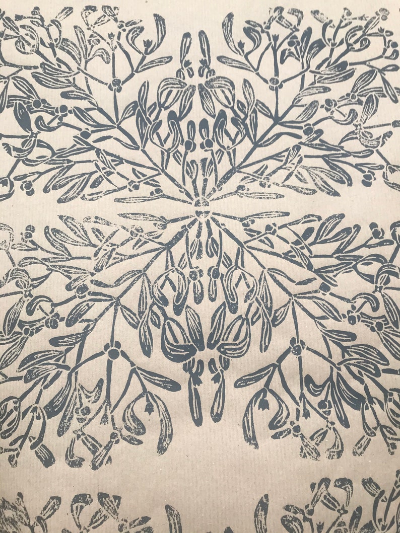Gift wrapping paper linoblock printed hand printed paper Mistletoe