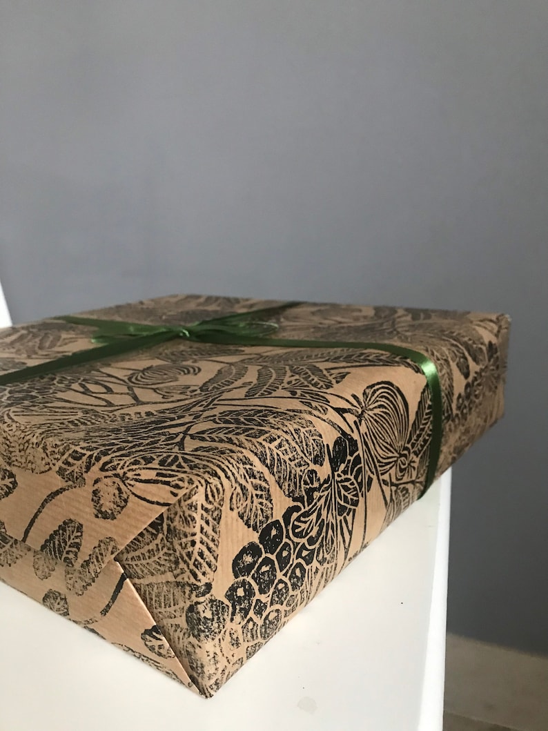 Gift wrapping paper linoblock printed hand printed paper Bird of Ashberry image 9