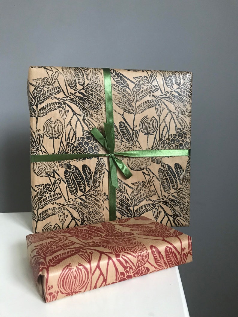 Gift wrapping paper linoblock printed hand printed paper Bird of Ashberry image 1