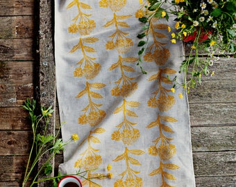 Linen table runner lino block printed "Evening Primrose" yellow floral hand printed