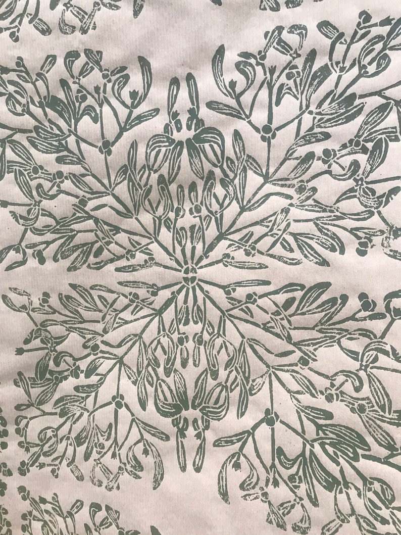 Gift wrapping paper linoblock printed hand printed paper Mistletoe