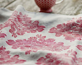 Lino block printed linen table runner Cyclamen Fuchsia red floral home decor