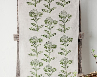 Block printed linen table runner "Evening Primrose", green block print