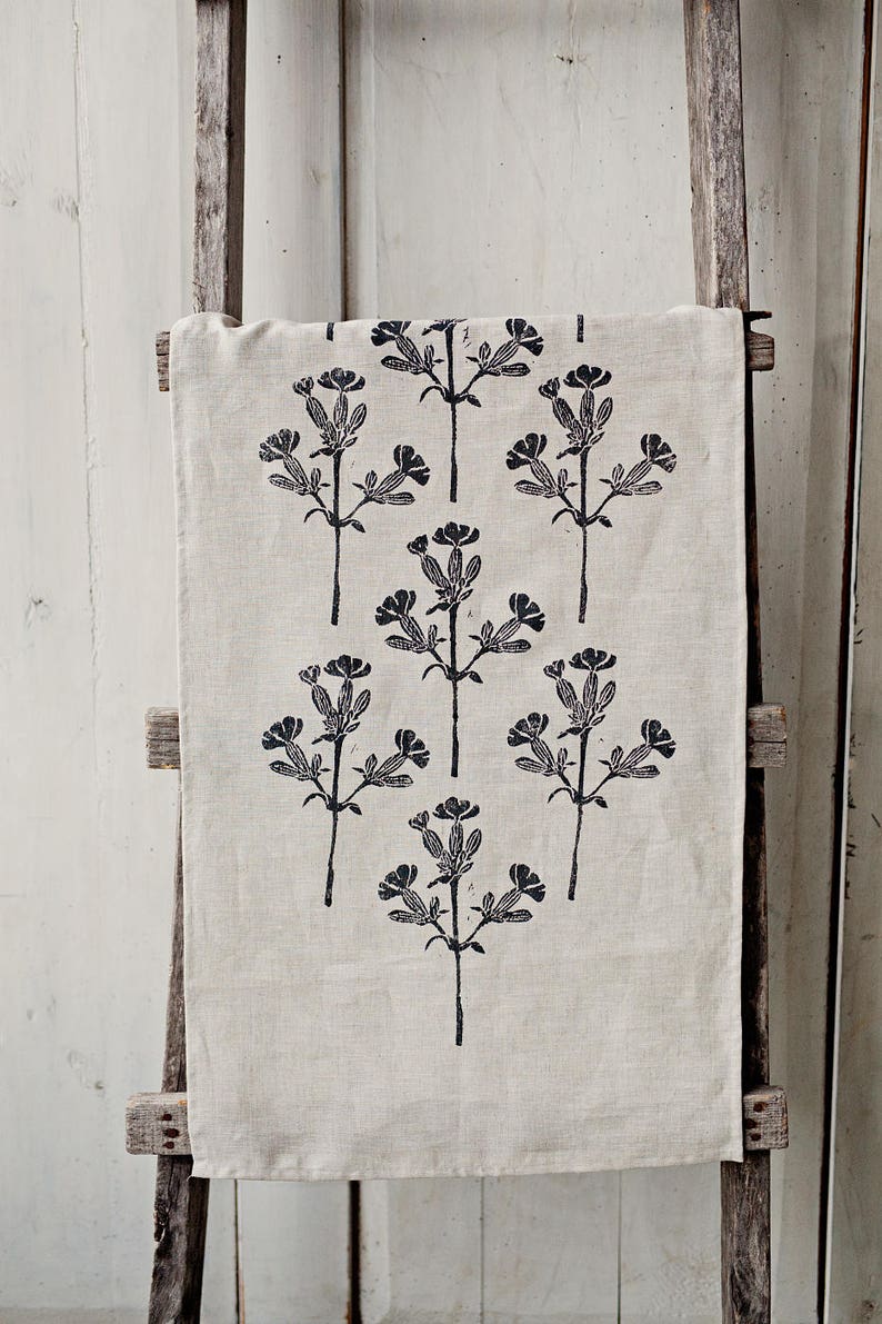 Linen table runner linoblock printed White Campion floral home decor hand printed natural organic image 5