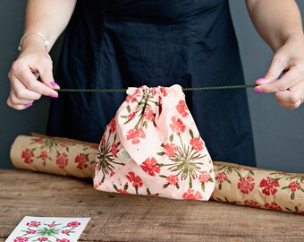 Cotton drawstring bag gift bag linoblock printed floral bag