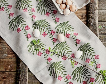 Linoblock printed linen table runner Fireweed