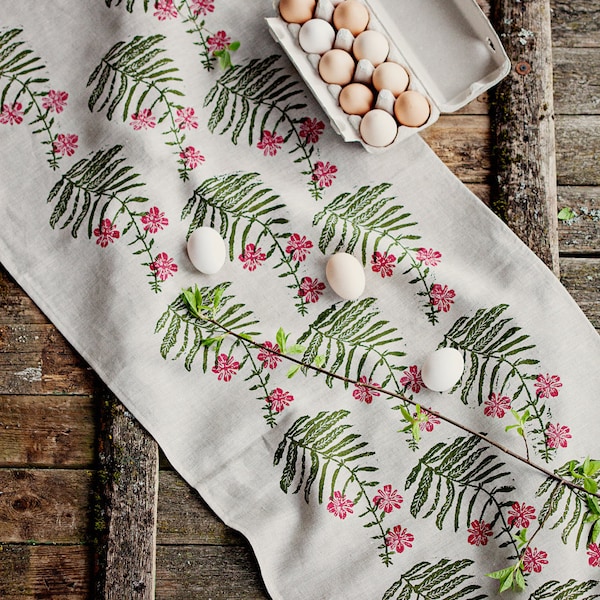 Linoblock printed linen table runner Fireweed