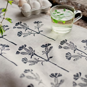Linen table runner linoblock printed White Campion floral home decor hand printed natural organic image 1